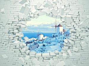 Architectural | Breaking Wall Exposing Santorini Landscape Wallpaper Mural Architectural Architectural