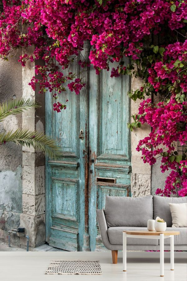 Architectural | Old Wooden Door With Bougainvillea in Cyprus Wallpaper Mural Architectural Architectural