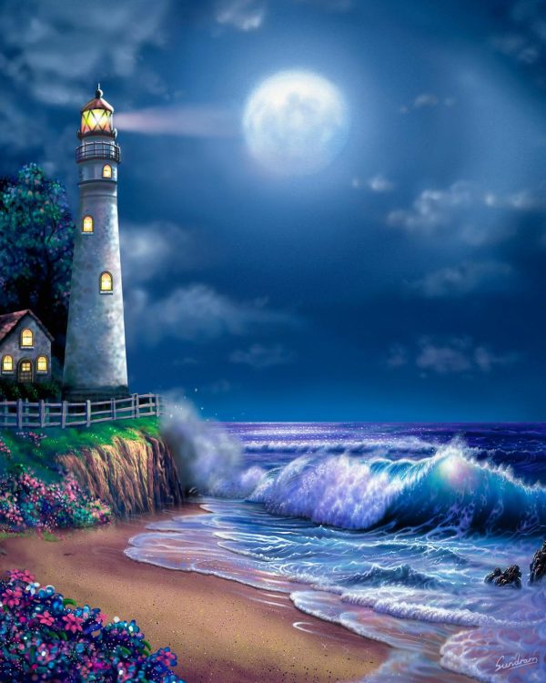 Beach & Tropical | Midnight Lighthouse Wallpaper Mural Beach & Tropical Beach & Tropical