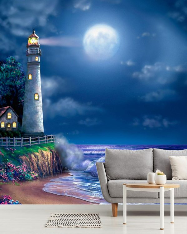 Beach & Tropical | Midnight Lighthouse Wallpaper Mural Beach & Tropical Beach & Tropical