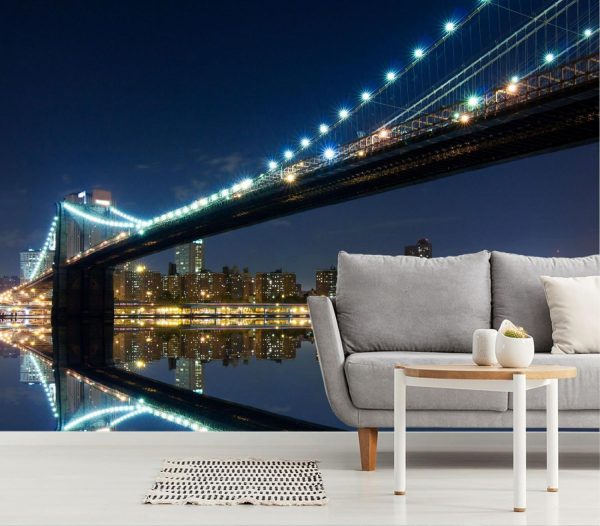 City & Skyline | Brooklyn Bridge And Manhattan With Reflections At Night Wallpaper Mural Architectural Architectural