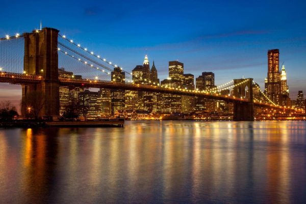 City & Skyline | Brooklyn Bridge and NYC Skyline at Night Wall Mural Architectural Architectural