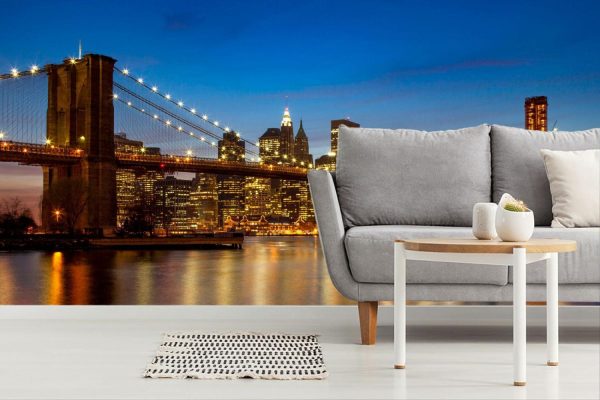 City & Skyline | Brooklyn Bridge and NYC Skyline at Night Wall Mural Architectural Architectural