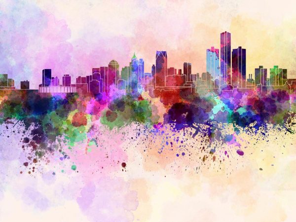 City & Skyline | Detroit Skyline In Watercolor Wall Mural City & Skyline City & Skyline