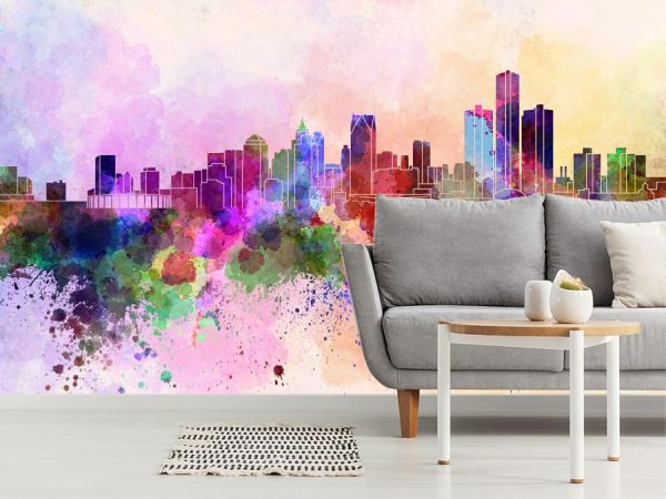 City & Skyline | Detroit Skyline In Watercolor Wall Mural City & Skyline City & Skyline