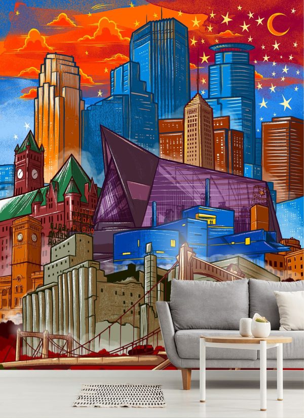 City & Skyline | Downtown Minneapolis Skyline Wallpaper Mural Architectural Architectural