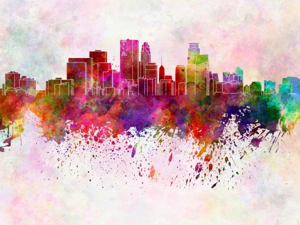 City & Skyline | Minneapolis Skyline In Watercolor Wallpaper Mural City & Skyline City & Skyline