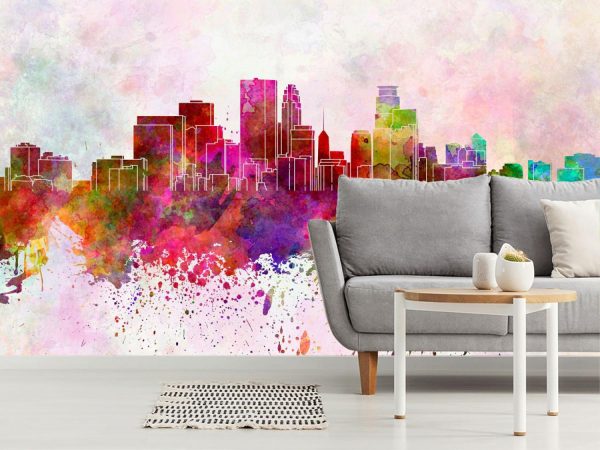 City & Skyline | Minneapolis Skyline In Watercolor Wallpaper Mural City & Skyline City & Skyline