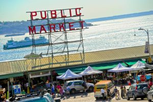 City & Skyline | Pike Place Market Seattle, WA Wallpaper Mural Architectural Architectural