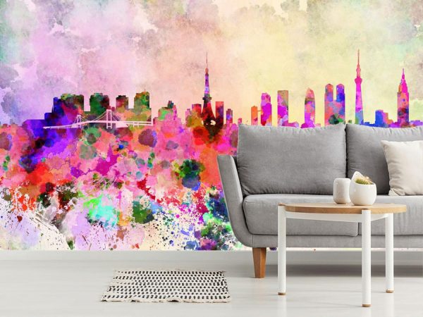 City & Skyline | Tokyo Watercolor Skyline Mural Wallpaper City & Skyline City & Skyline