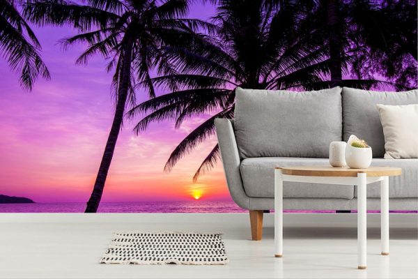 Colors | Palm Trees Silhouette At Sunset Wallpaper Mural Beach & Tropical Beach & Tropical