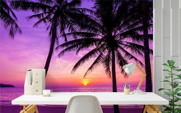 Colors | Palm Trees Silhouette At Sunset Wallpaper Mural Beach & Tropical Beach & Tropical