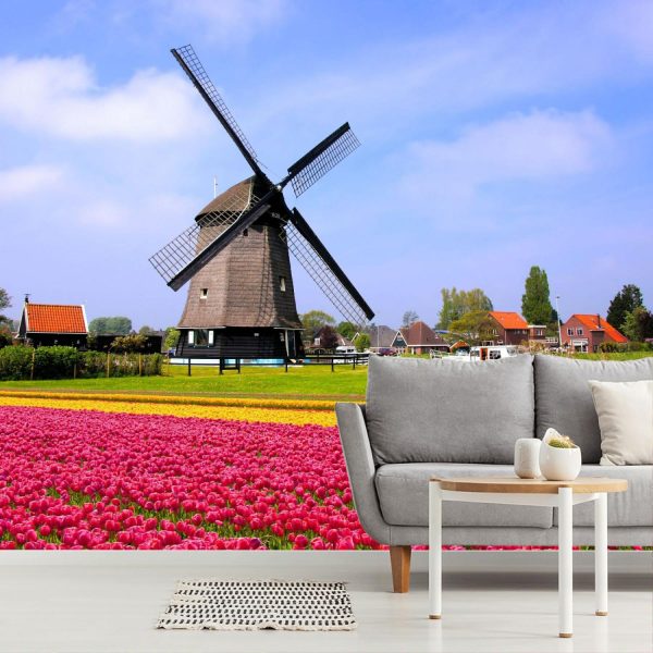 Flowers | Dutch Tulip Field And Windmill Wallpaper Mural Flowers Flowers