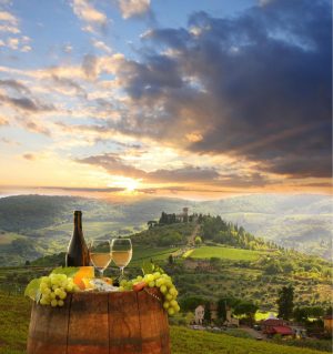 Italian | White Wine On A Barrel With Tuscan Background Wallpaper Mural Activities & Leisure Activities & Leisure