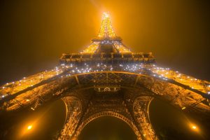 Landmarks | Eiffel Tower on a Foggy and Rainy Night Mural Wallpaper Landmarks Landmarks