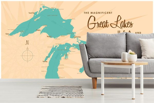 Maps & Flags | Great Lakes Lake Map Wallpaper Mural Maps & Flags Maps & Flags