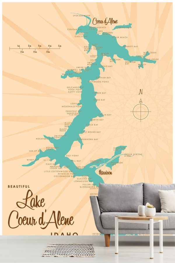 Maps & Flags | Lake Coeur d’Alene, ID Lake Map Mural Wallpaper Maps & Flags Maps & Flags