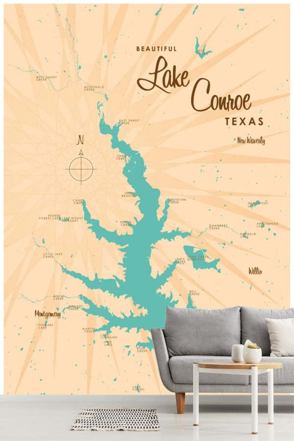 Maps & Flags | Lake Conroe, TX Lake Map Mural Wallpaper Maps & Flags Maps & Flags