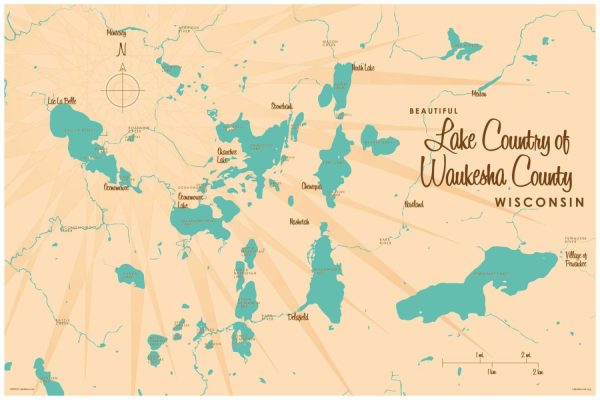 Maps & Flags | Lake Country of Waukesha County, WI Lake Map Wallpaper Mural Maps & Flags Maps & Flags