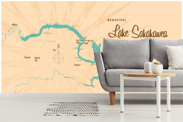 Maps & Flags | Lake Sakakawea, ND Lake Map Mural Wallpaper Maps & Flags Maps & Flags