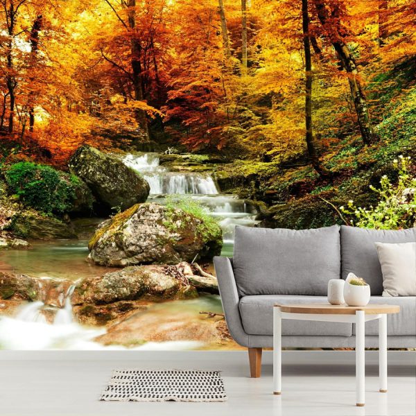 Nature | Autumn Creek Woods With Yellow Trees Mural Wallpaper Forests Forests