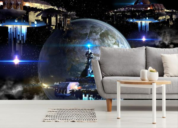 Space | Alien spaceship nearing Earth Mural Wallpaper Space Space