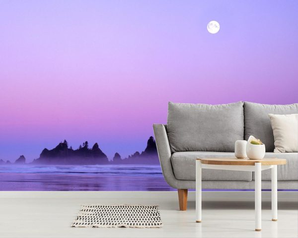 Space | Full Moon Above Seastacks Mural Wallpaper Space Space