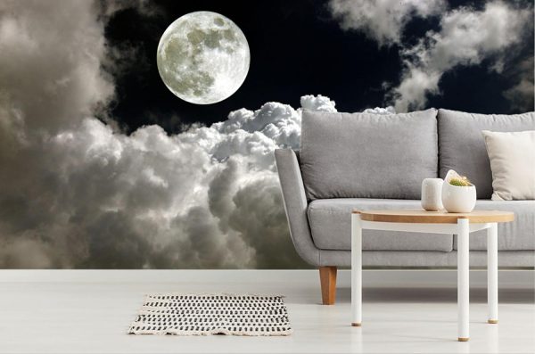 Space | Full Moon Surrounded By Clouds Mural Wallpaper Space Space