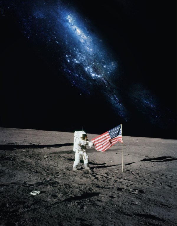 Space | Walk The Moon With American Flag Mural Wallpaper Space Space