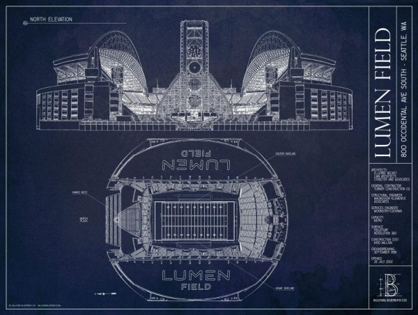 Sports | Lumen Field Blueprint Wall Mural Architectural Architectural