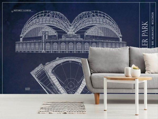 Sports | Miller Park Blueprint Mural Wallpaper Architectural Architectural