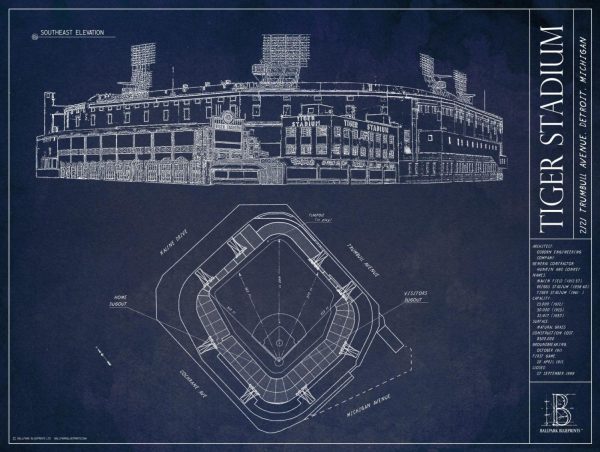 Sports | Old Tiger Stadium Blueprint Wall Mural Architectural Architectural