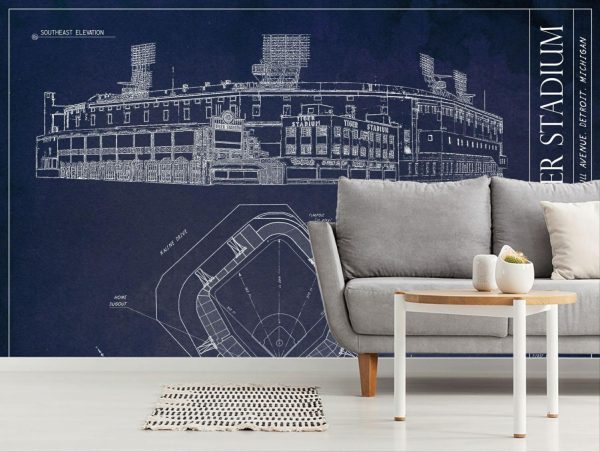 Sports | Old Tiger Stadium Blueprint Wall Mural Architectural Architectural