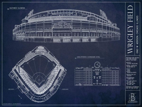 Sports | Wrigley Field Blueprint Wallpaper Mural Architectural Architectural