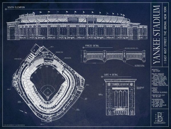 Sports | Yankee Stadium Blueprint Mural Wallpaper Architectural Architectural