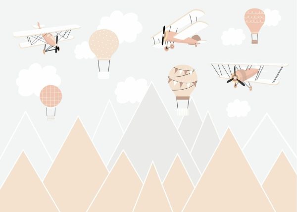 Transportation | Hand Drawn Scandinavian Mountain, Aircraft, And Clouds Wall Mural Colors Colors