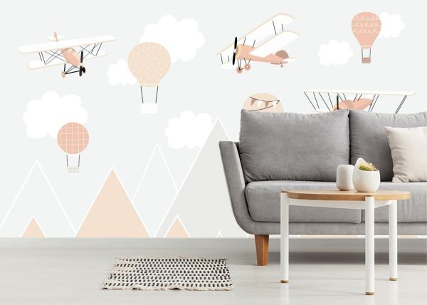 Transportation | Hand Drawn Scandinavian Mountain, Aircraft, And Clouds Wall Mural Colors Colors