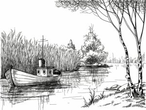 Transportation | Hand-Drawn Sketch of a Boat on the River Wall Mural Transportation Transportation