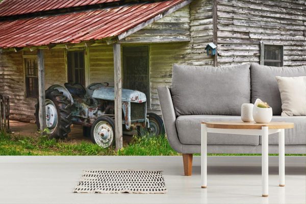 Transportation | Vintage Tractor Near An Old Farmhouse Mural Wallpaper Transportation Transportation