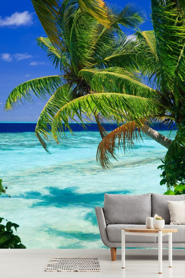 Trees | Tropical Paradise At Maldives With Palms And Blue Sky Wallpaper Mural Beach & Tropical Beach & Tropical