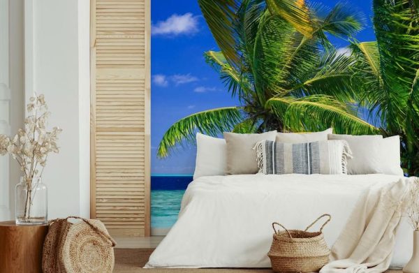 Trees | Tropical Paradise At Maldives With Palms And Blue Sky Wallpaper Mural Beach & Tropical Beach & Tropical