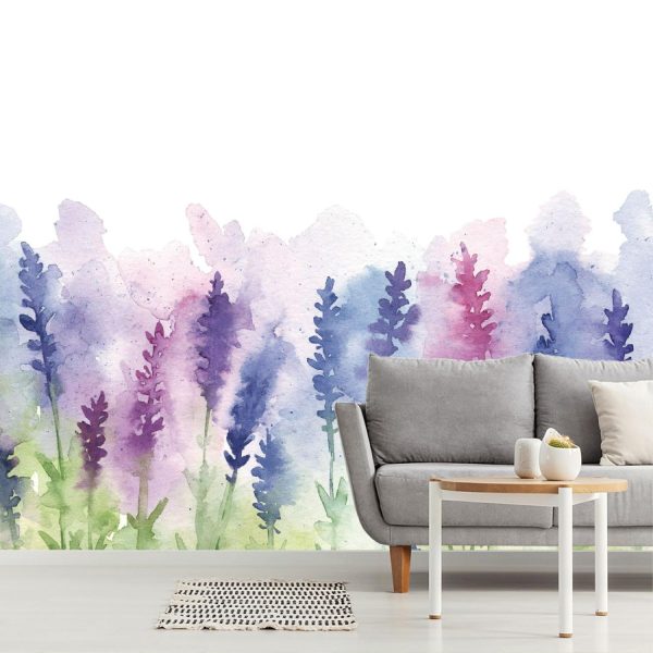 Flowers | Watercolor Lavender Field Wallpaper Mural Flowers Flowers