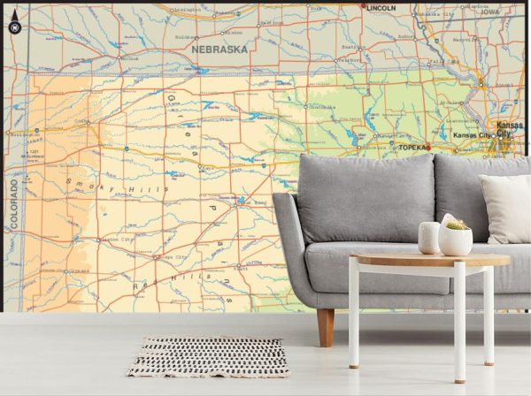 Maps & Flags | Kansas Map Wallpaper Mural Maps & Flags Maps & Flags