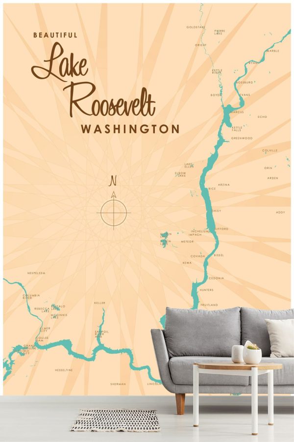 Maps & Flags | Lake Roosevelt, WA Lake Map Mural Wallpaper Maps & Flags Maps & Flags