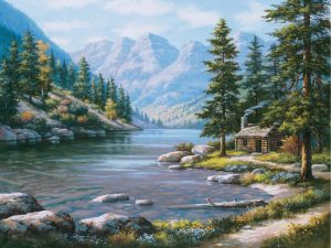 Seasonal | Log Cabin Retreat Wall Mural Landscapes & Scenic Landscapes & Scenic